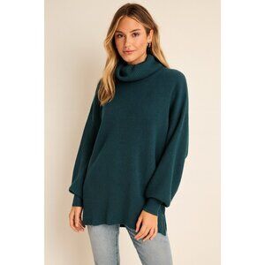 FREE PEOPLE turtleneck sweater oversized slouchy tunic dark green ribbed XS